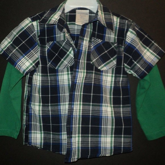 Toughskins Boys Size 3T Monsters Rock Layered Look Long Sleeved Shirt Plaid - Picture 4 of 6